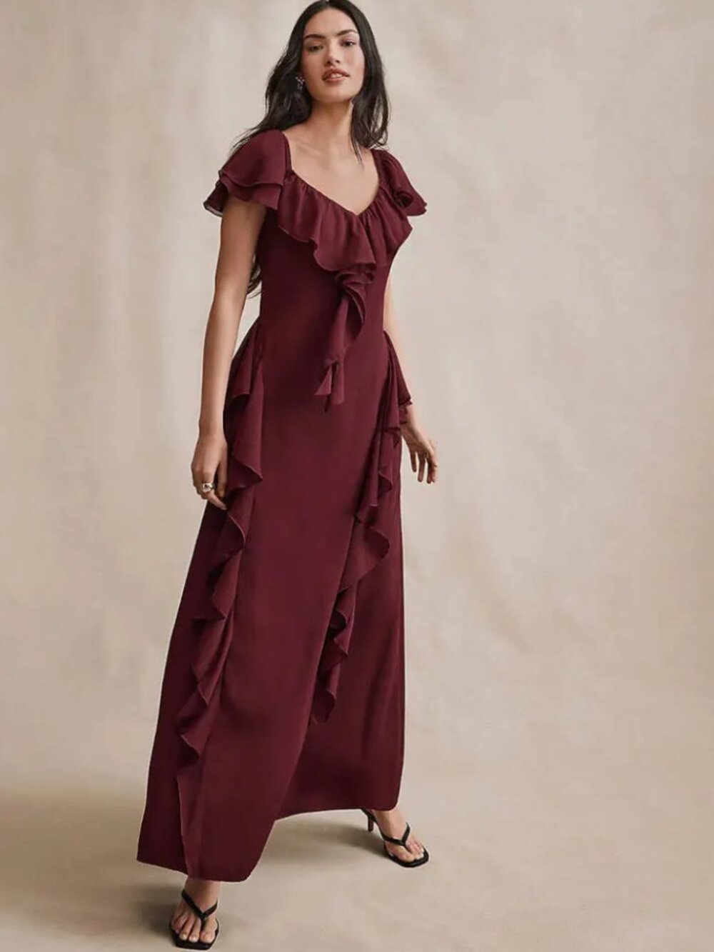 Ruffle Maxi Burgundy Chiffon Dress